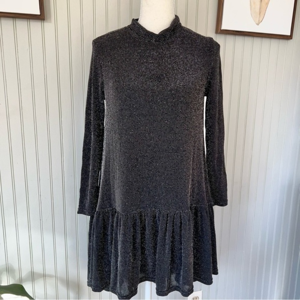 Drop Waist Black Glitter Ruffle Hi Low Mini Dress Whimsical